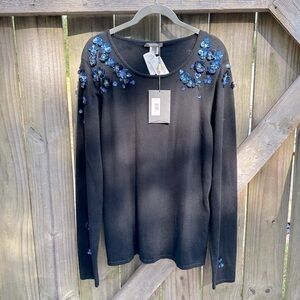 Zac Posen Dainty Floral Beaded Cashmere Blend Scoop Neck Sweater NWT